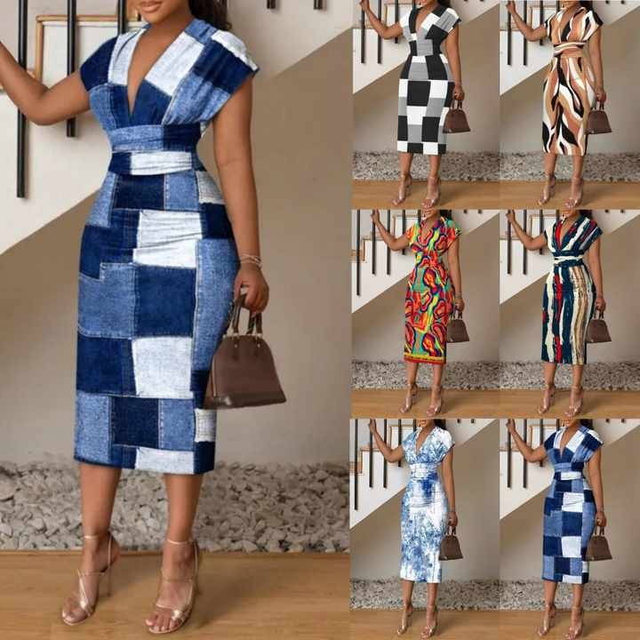 Stylish Cap Sleeves Women Sexy Fashion Printed V-Neck High Waist Dress